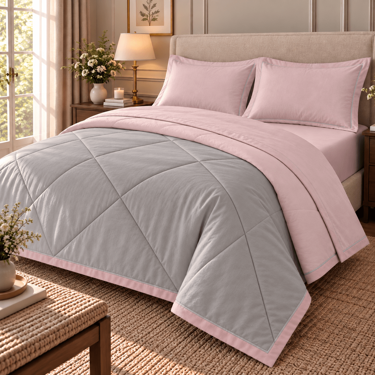 PINK & GREY | PURE COTTON | KING SIZE | ELEGANT COMFORTER SET - Image 2