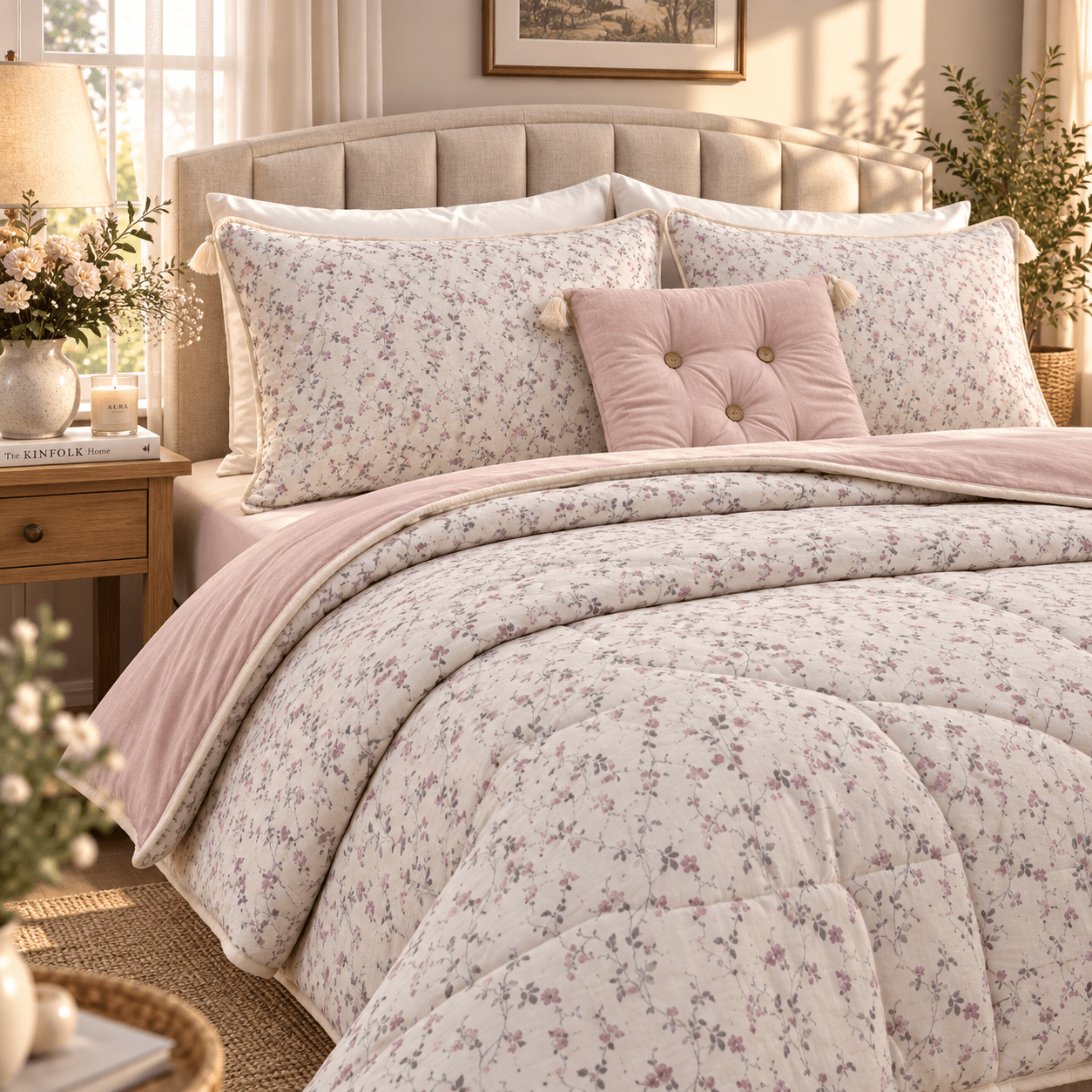 PINTEREST SET | TEXTURED COTTON | 1 KING SIZE PLAIN BEDSHEET | 2 DETAILED PILLOW CASES | 1 COMFORTER | 1 AESTHETIC CUSHION