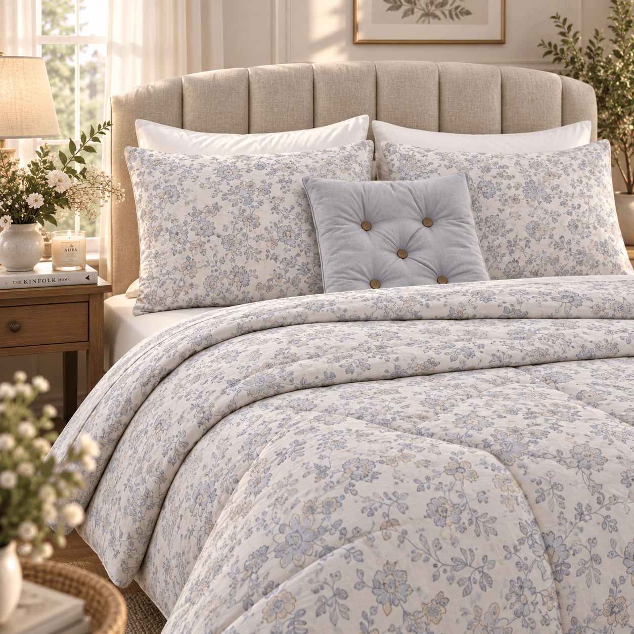 PINTEREST SET | TEXTURED COTTON | 1 KING SIZE PLAIN BEDSHEET | 2 DETAILED PILLOW CASES | 1 COMFORTER | 1 AESTHETIC CUSHION