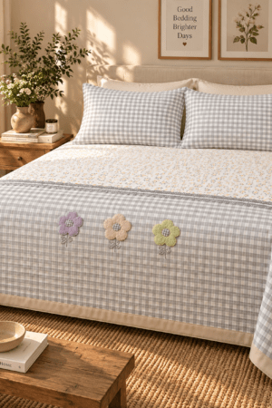 GREY PINTEREST FLORAL | KING SIZE | QUILTED BEDCOVER | SUNFLOWER PATCHWORK