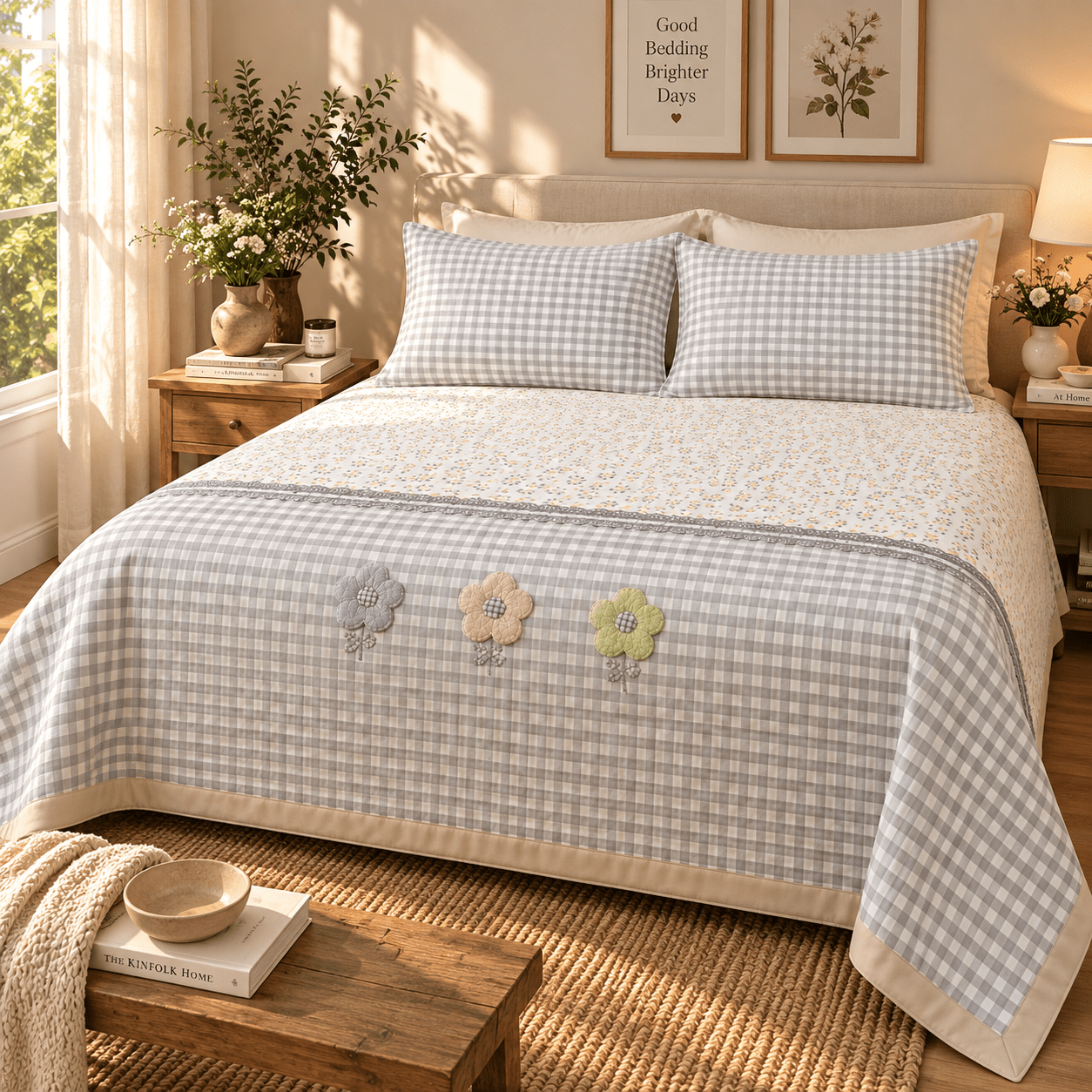 GREY PINTEREST FLORAL | KING SIZE | QUILTED BEDCOVER | SUNFLOWER PATCHWORK