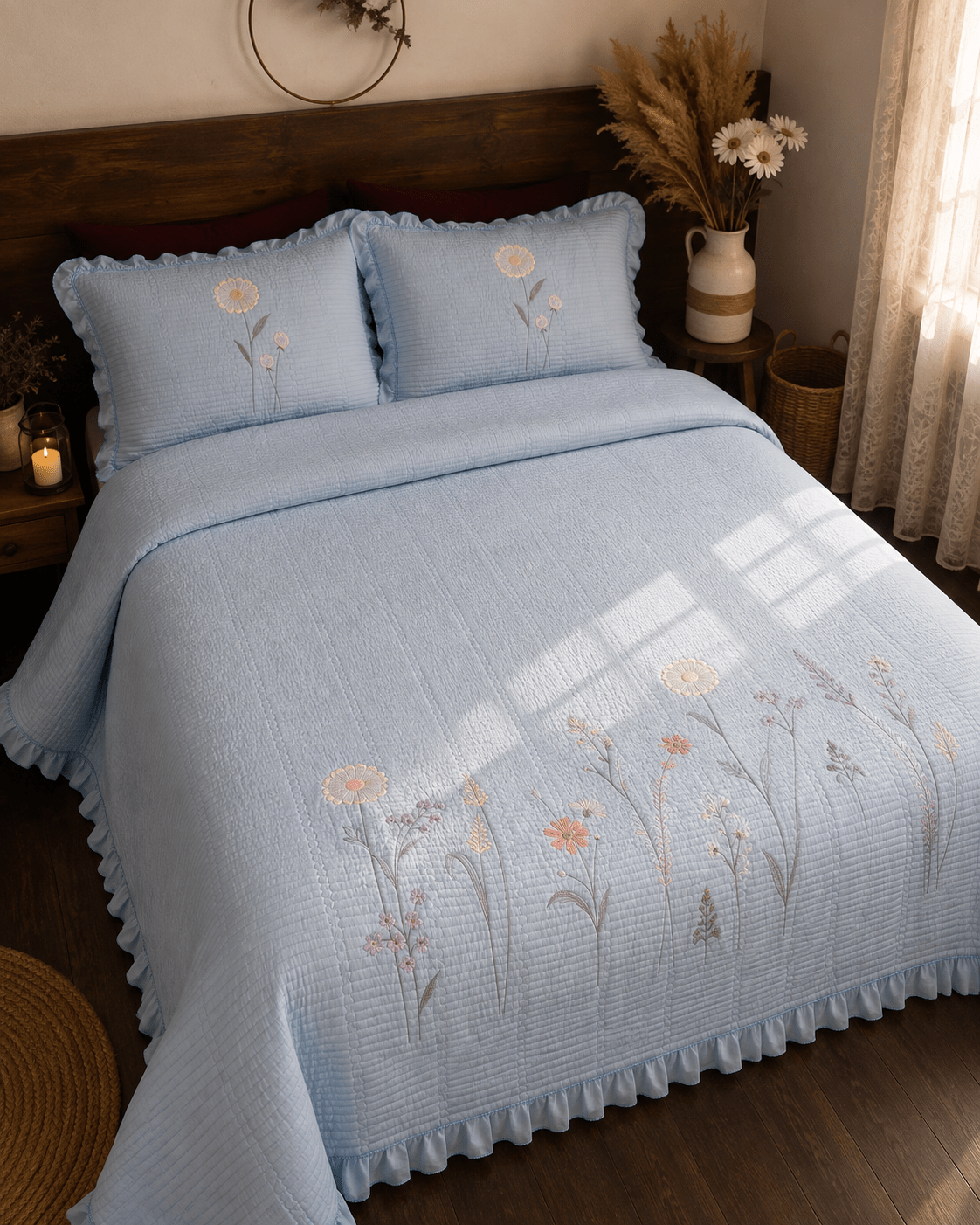 ICE BLUE | EMBROIDERED BEDCOVER | KING SIZE