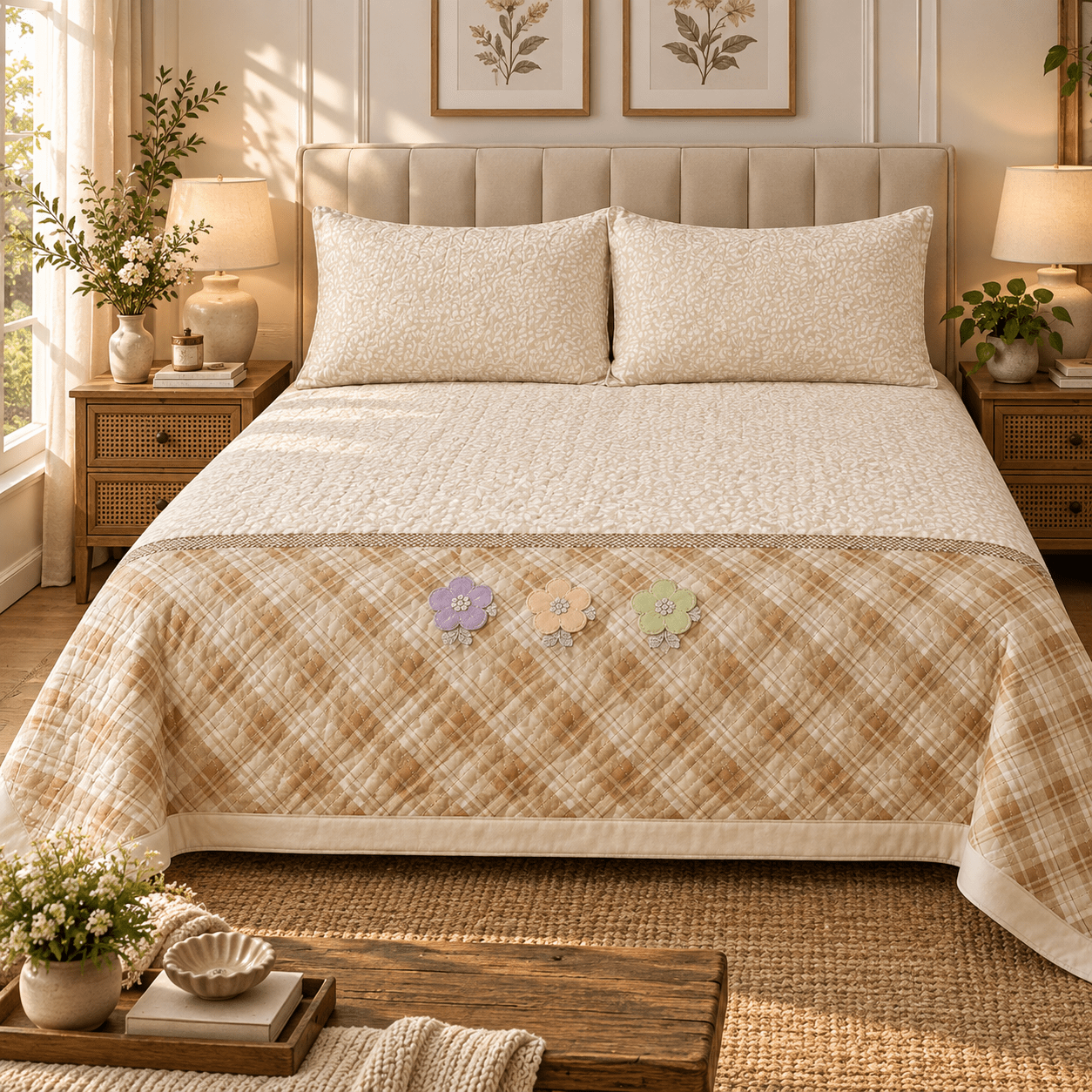 PINTEREST BEDCOVER | BEIGE | KING SIZE | FLOWER PATCHWORK