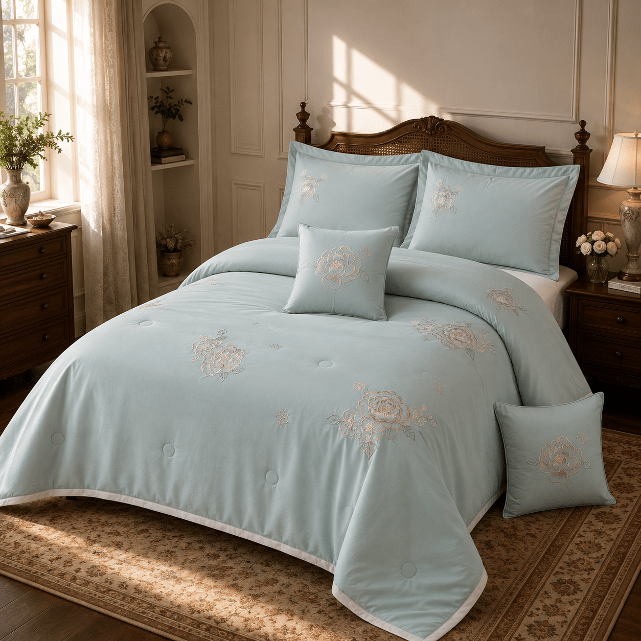 ICE BLUE | EMBROIDERED COMFORTER SET | 6 PIECE SET | BUTTER COTTON