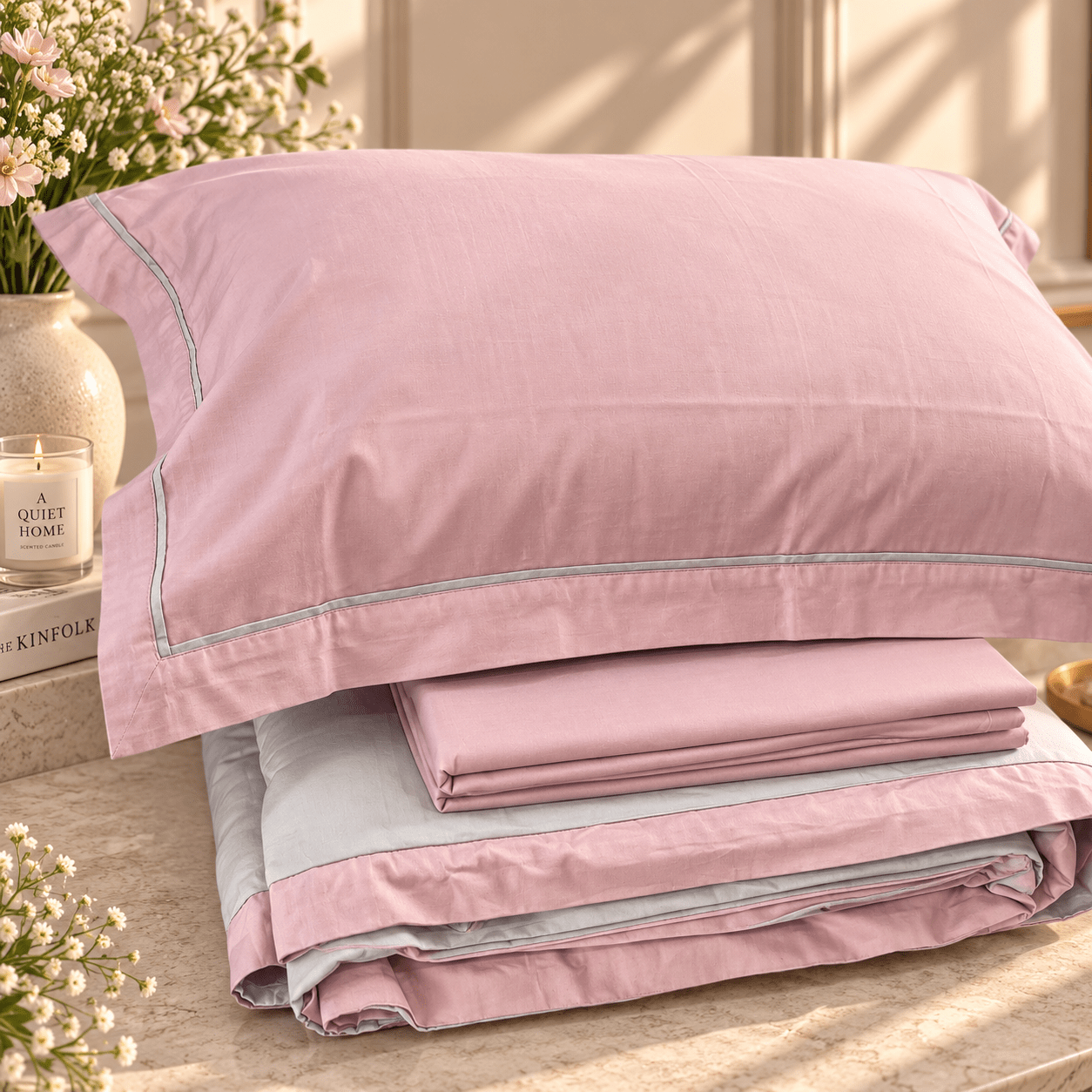 PINK & GREY | PURE COTTON | KING SIZE | ELEGANT COMFORTER SET