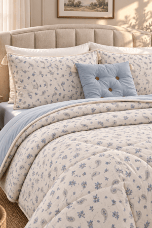 PINTEREST SET | TEXTURED COTTON | 1 KING SIZE PLAIN BEDSHEET | 2 DETAILED PILLOW CASES | 1 COMFORTER | 1 AESTHETIC CUSHION