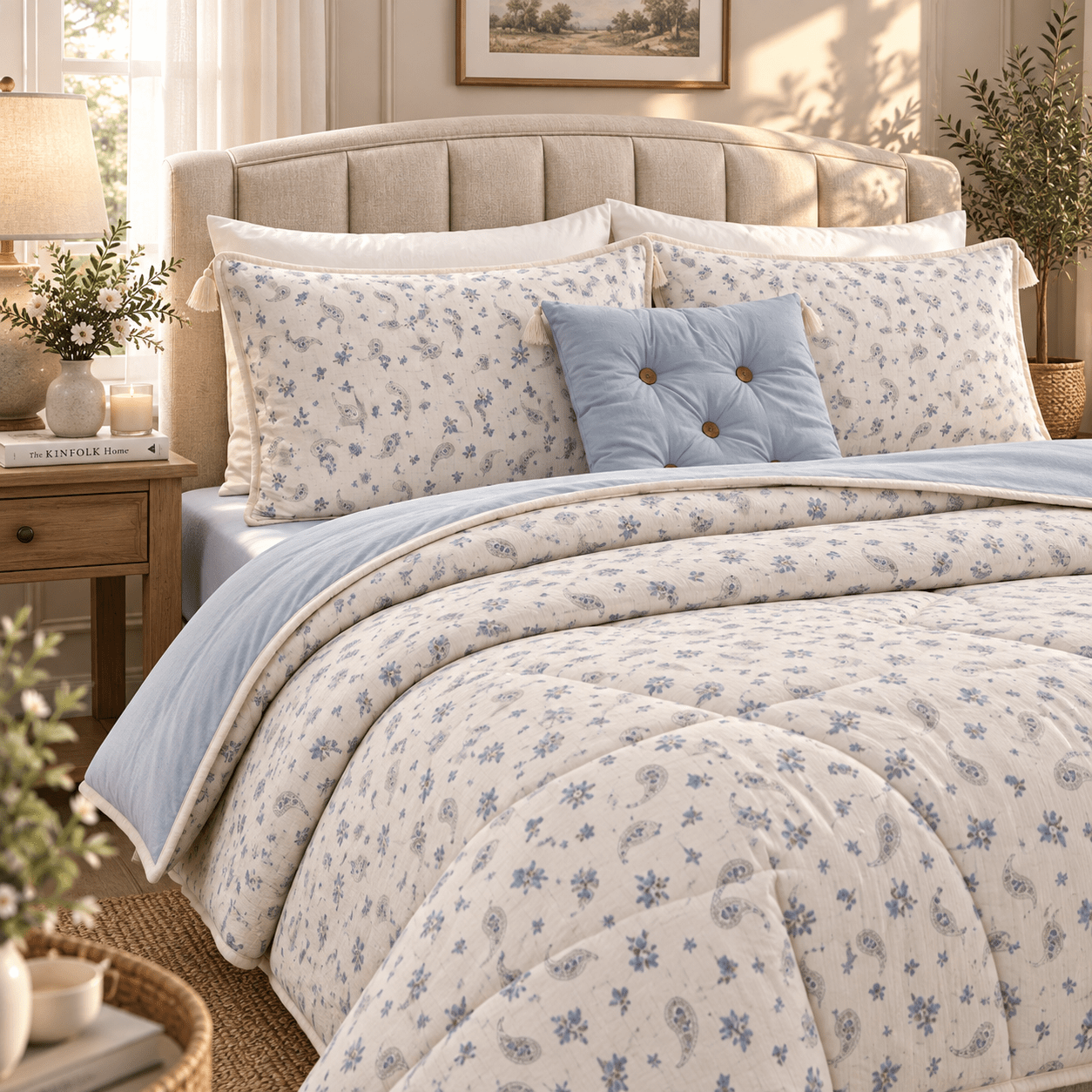 PINTEREST SET | TEXTURED COTTON | 1 KING SIZE PLAIN BEDSHEET | 2 DETAILED PILLOW CASES | 1 COMFORTER | 1 AESTHETIC CUSHION