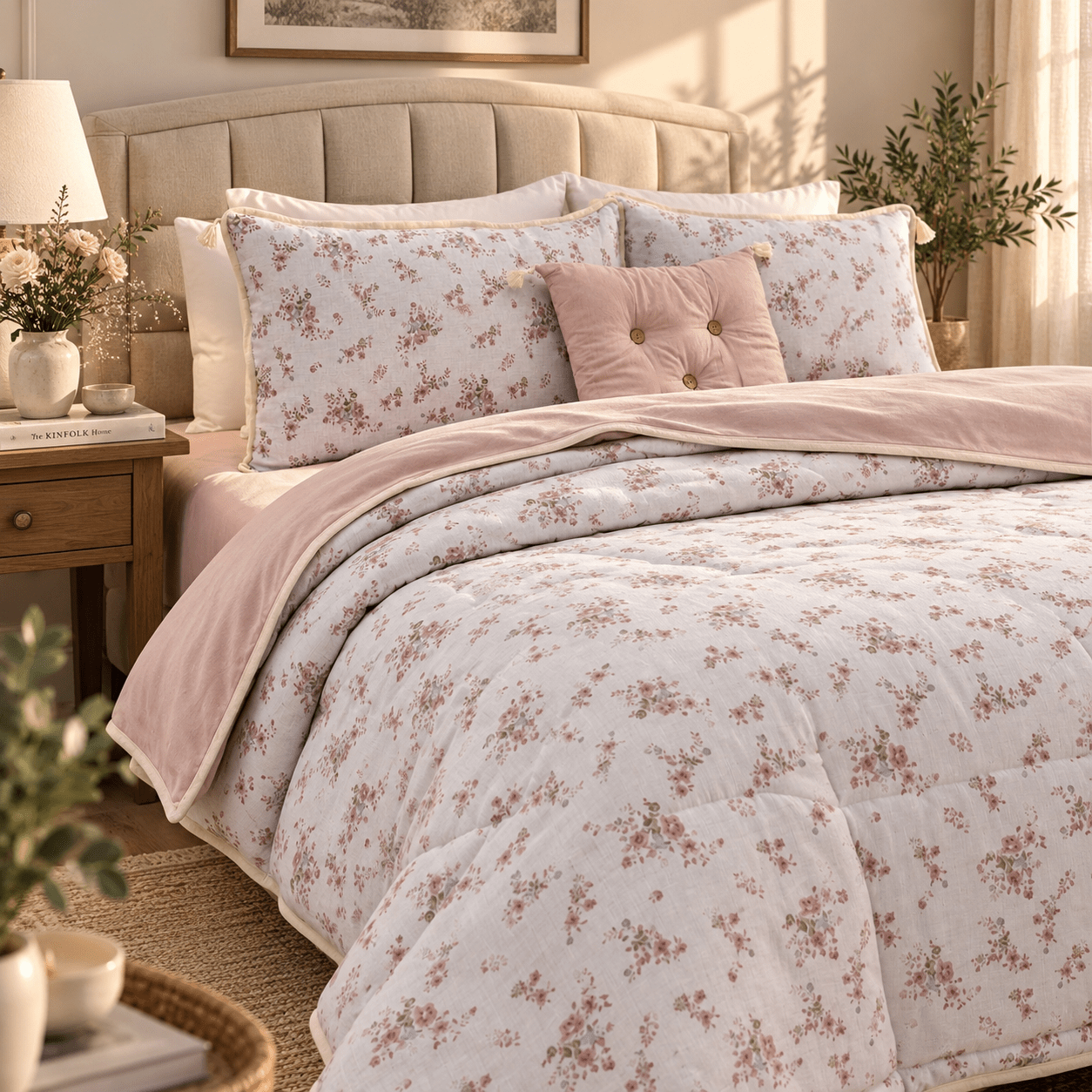 PINTEREST SET | TEXTURED COTTON | 1 KING SIZE PLAIN BEDSHEET | 2 DETAILED PILLOW CASES | 1 COMFORTER | 1 AESTHETIC CUSHION