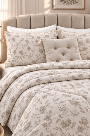 PINTEREST SET | TEXTURED COTTON | 1 KING SIZE PLAIN BEDSHEET | 2 DETAILED PILLOW CASES | 1 COMFORTER | 1 AESTHETIC CUSHION