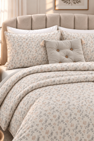 PINTEREST SET | TEXTURED COTTON | 1 KING SIZE PLAIN BEDSHEET | 2 DETAILED PILLOW CASES | 1 COMFORTER | 1 AESTHETIC CUSHION