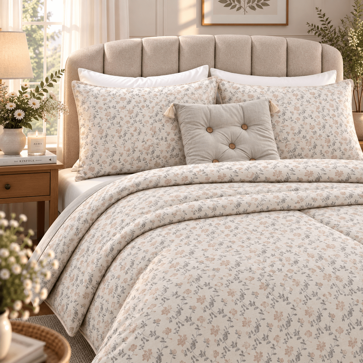 PINTEREST SET | TEXTURED COTTON | 1 KING SIZE PLAIN BEDSHEET | 2 DETAILED PILLOW CASES | 1 COMFORTER | 1 AESTHETIC CUSHION