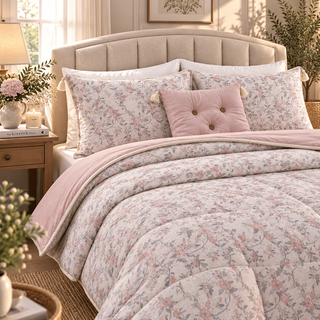 PINTEREST SET | TEXTURED COTTON | 1 KING SIZE PLAIN BEDSHEET | 2 DETAILED PILLOW CASES | 1 COMFORTER | 1 AESTHETIC CUSHION