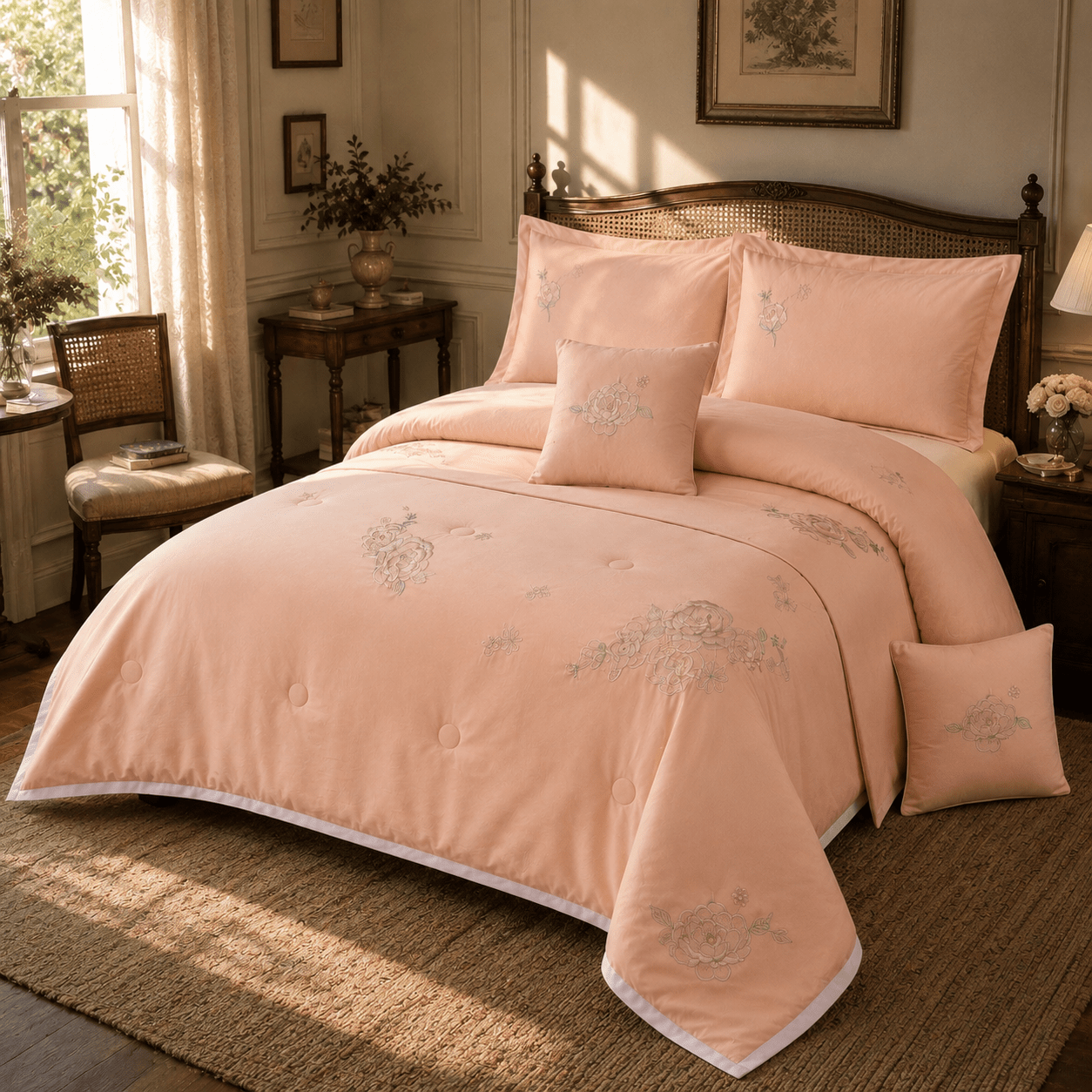 PEACH | EMBROIDERED COMFORTER SET | KING SIZE | 6 PIECE SET