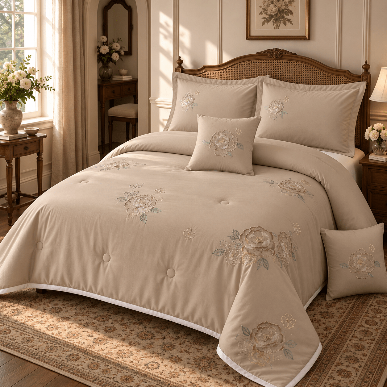 DUSTY BEIGE | 6 PIECE EMBROIDERED COMFORTER SET | BUTTER COTTON
