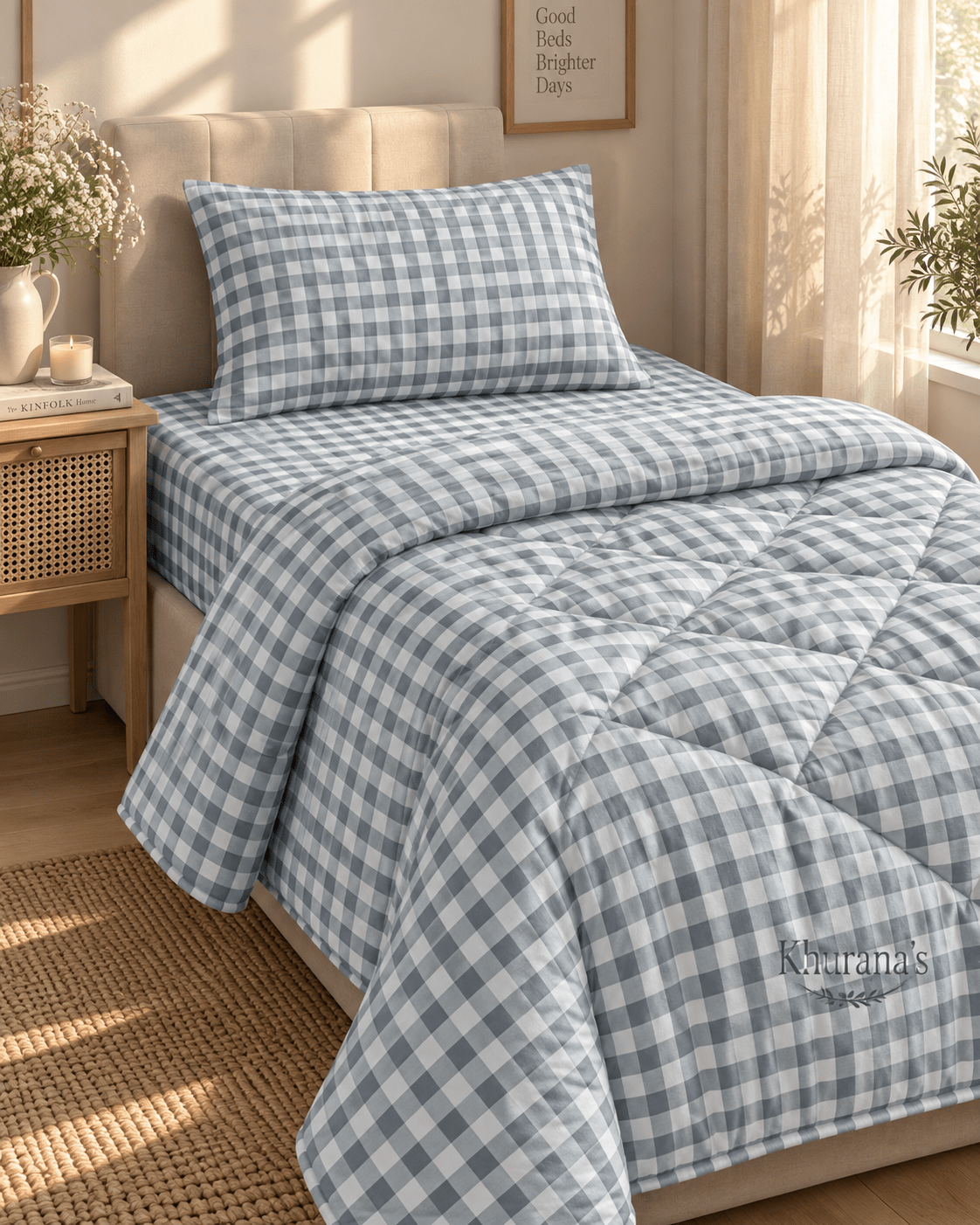 SINGLE BEDDING SET | BEDSHEET | PILLOW COVER | COMFORTER | GINGHAM CHECK