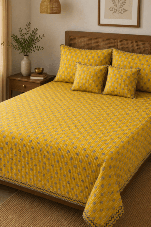 YELLOW | 5 PIECE AJRAKH BEDCOVER SET | PURE COTTON | 90*108 inches