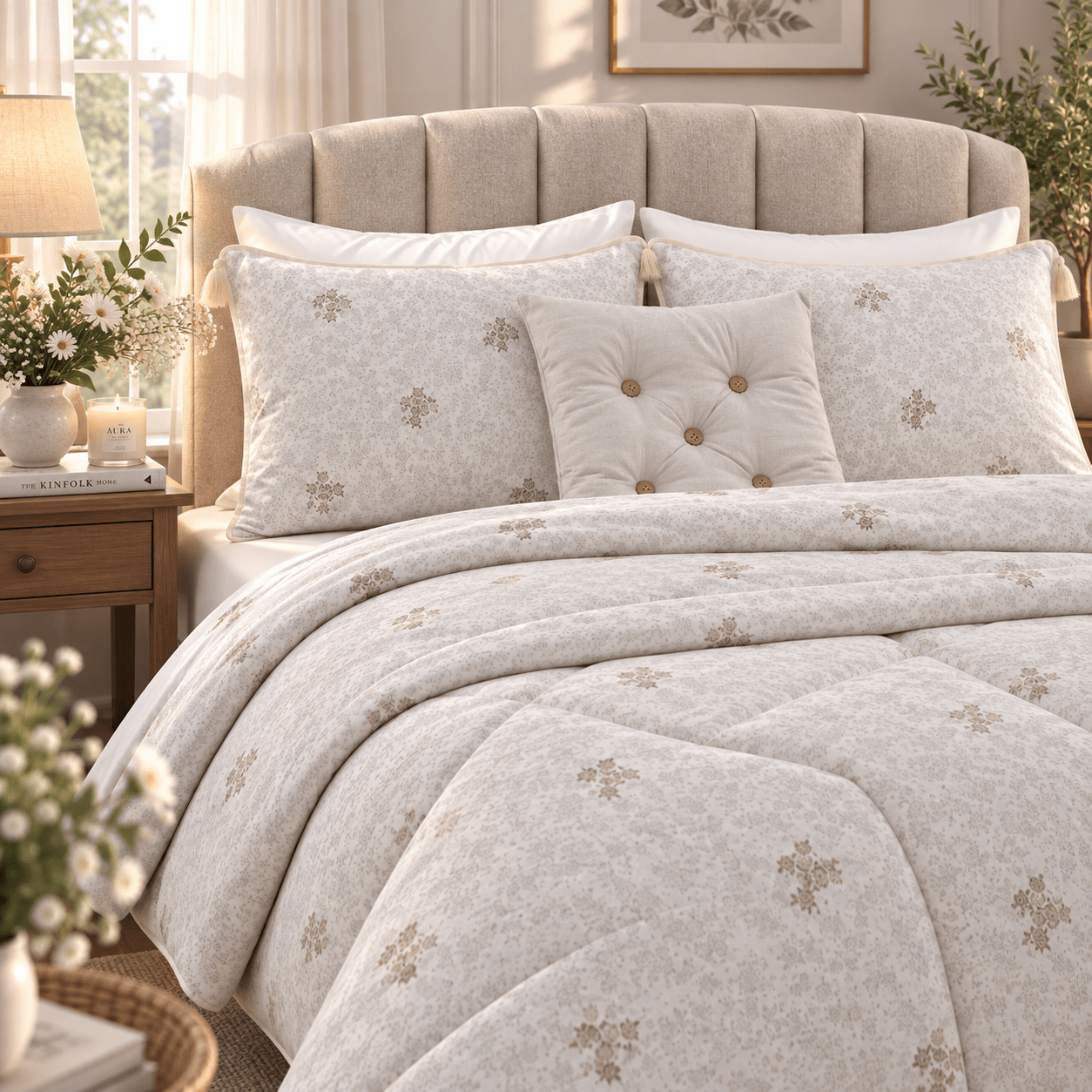 PINTEREST SET | TEXTURED COTTON | 1 KING SIZE PLAIN BEDSHEET | 2 DETAILED PILLOW CASES | 1 COMFORTER | 1 AESTHETIC CUSHION