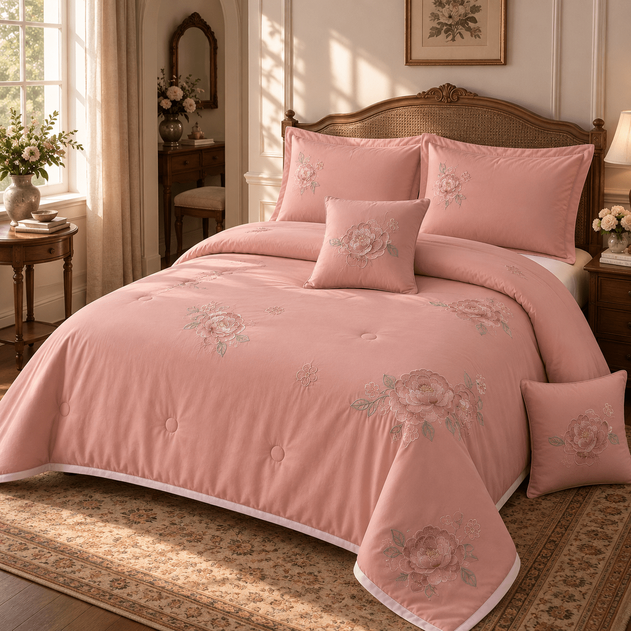 DUSTY ROSE | EMBROIDERED COMFORTER SET | 6 PIECE SET