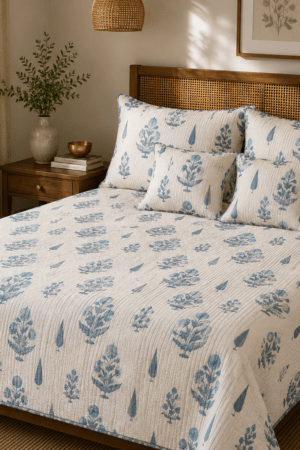 OFF WHITE | 5 PIECE AJRAKH BEDCOVER SET | PURE COTTON