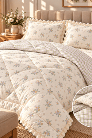 PINTEREST BEDDING | KING SIZE | CHICKEN LACE | 4 PIECE SET | IVORY & CHECKS