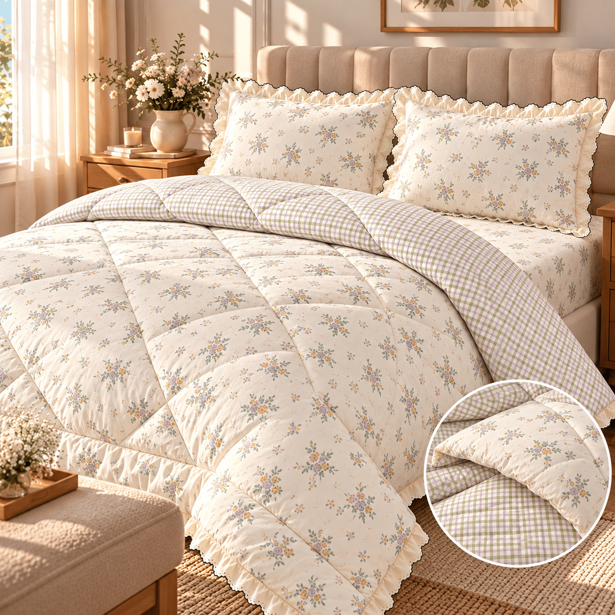 PINTEREST BEDDING | KING SIZE | CHICKEN LACE | 4 PIECE SET | IVORY & CHECKS