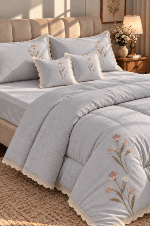 LINEN SETS | 6 PIECE SET | KING SIZE | EMBROIDERED | LACEWORK | BLUE MILANGE