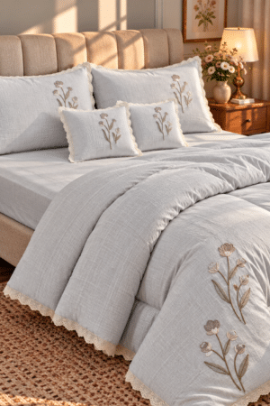 LINEN SETS | 6 PIECE SET | KING SIZE | EMBROIDERED | LACEWORK | LIGHT GREY