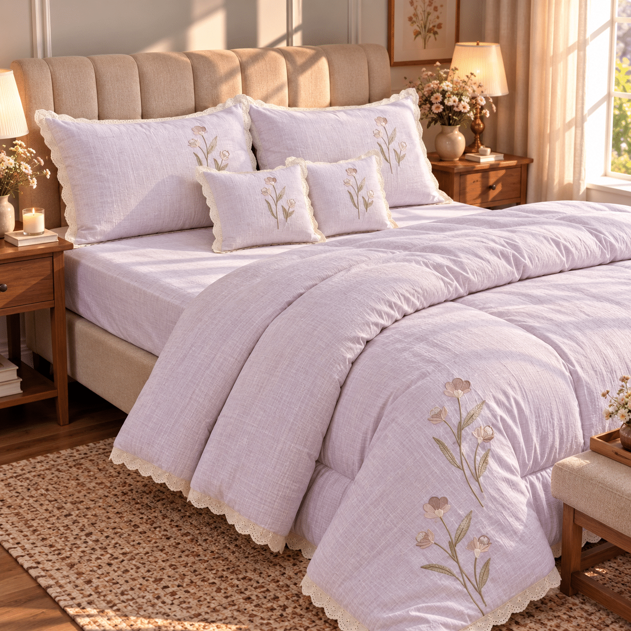 LINEN SETS | 6 PIECE SET | KING SIZE | EMBROIDERED | LACEWORK | LILAC MILANGE