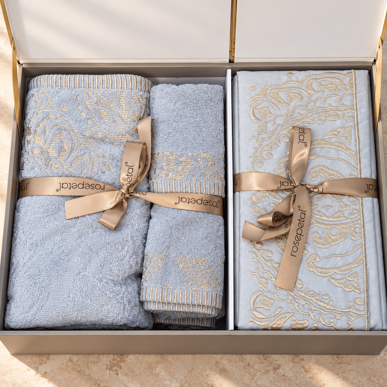 8 PIECE GIFT SET | EXCLUSIVE DESIGNS | 2 BATH TOWELS | 2 HAND TOWELS | 1 BEDSHEET | 2 EMBROIDERED PILLOWS