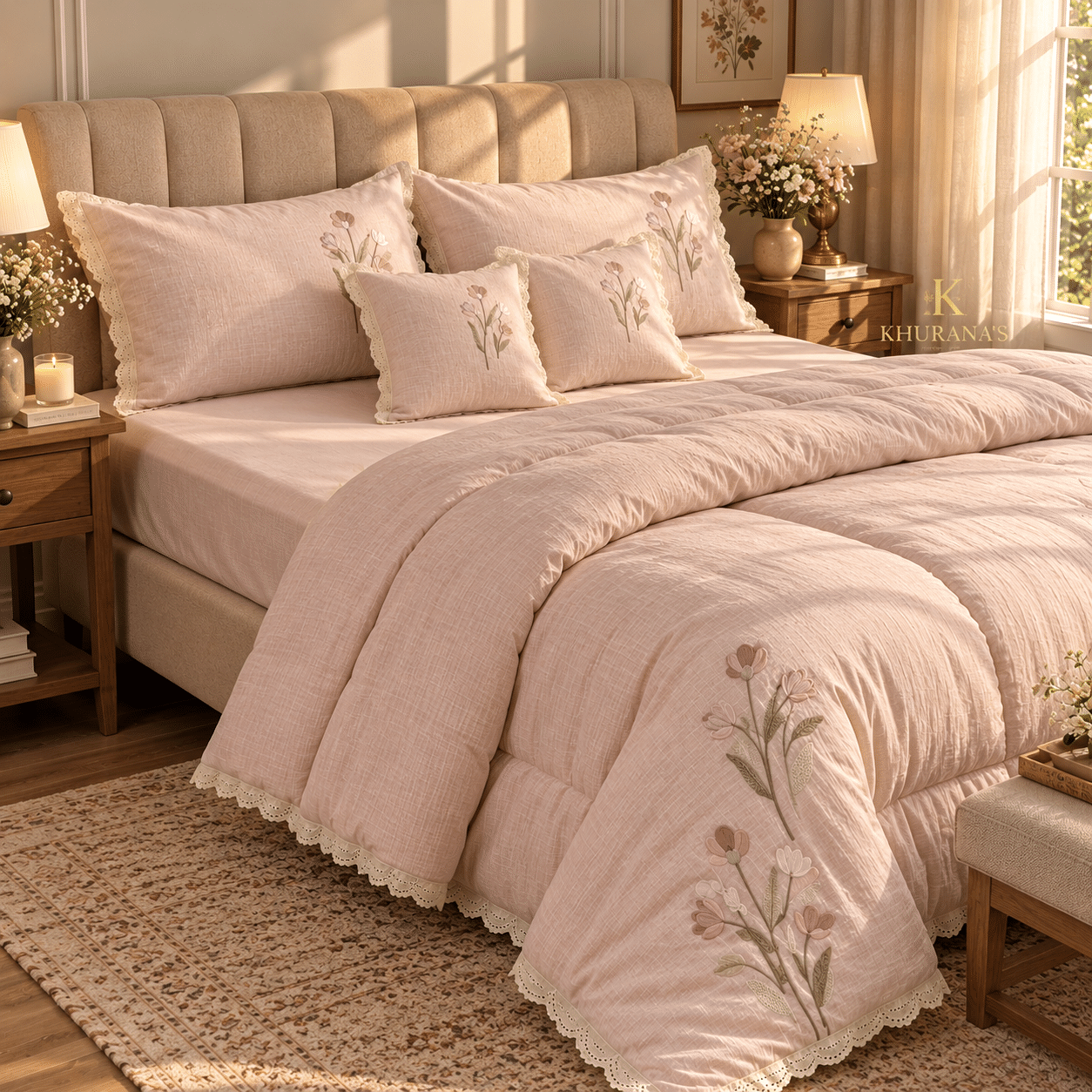 LINEN SETS | 6 PIECE SET | KING SIZE | EMBROIDERED | LACEWORK | PINK MILANGE